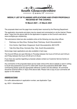 WEEKLY LIST of PLANNING APPLICATIONS and OTHER PROPOSALS RECEIVED by the COUNCIL 15 March 2021 – 21 March 2021