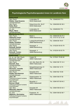 Psychologische Psychotherapeuten/-Innen Im Landkreis Harz