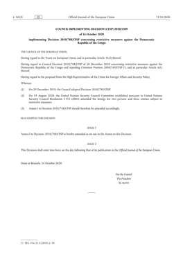 2020/1509 of 16 October 2020 Implementing Decision 2010/788/CFSP Concerning Restrictive Measures Against the Democratic Republic of the Congo