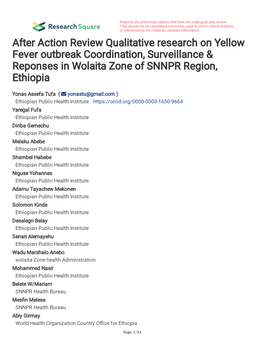 After Action Review Qualitative Research on Yellow Fever Outbreak Coordination, Surveillance & Reponses in Wolaita Zone of SNNPR Region, Ethiopia