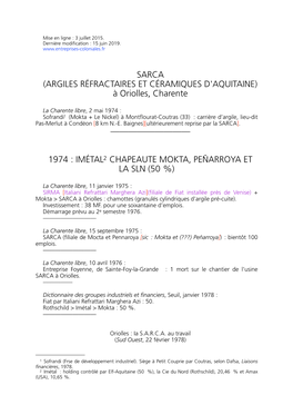 Société Des Argiles Réfractaires Et Céramiques D'aquitaine [Sarca À Oriolles](Depuis 1974)… —————————