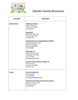 Charles County Special Needs Resources