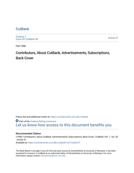 Contributors, About Cutbank, Advertisements, Subscriptions, Back Cover