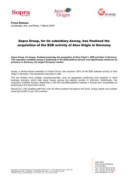 Sopra Group, for Its Subsidiary Axway, Has Finalised the Acquisition of the B2B Activity of Atos Origin in Germany