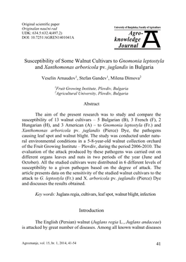 Susceptibility of Some Walnut Cultivars to Gnomonia Leptostyla and Xanthomonas Arboricola Pv