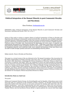 Political Integration of the Romani Minority in Post-Communist Slovakia and Macedonia