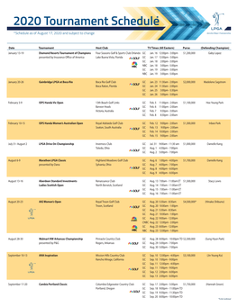 *Schedule As of August 17, 2020 and Subject to Change Denotes Major Championship