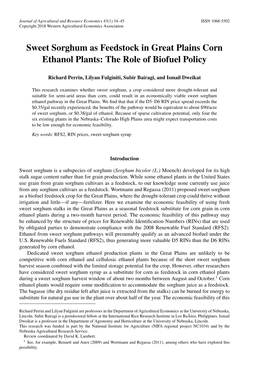 Sweet Sorghum As Feedstock in Great Plains Corn Ethanol Plants: the Role of Biofuel Policy