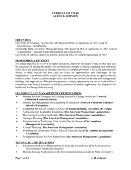 CURRICULUM VITAE ALTON B. JOHNSON EDUCATION University of Arkansas, Fayetteville, AR. Received Ph.D. in Agronomy in 1993. Area O