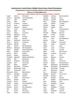 Southeastern United States Middle School Honor Band Participants Congratulations to These Oustanding Students for Their Musical Achievement