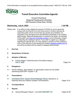 Transit Executive Committee Agenda Council Chambers Regional Headquarters Building 605 Rossland Road East, Whitby