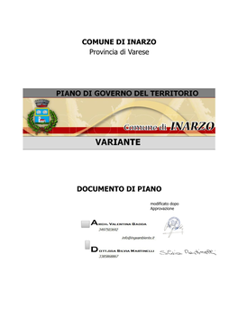 COMUNE DI INARZO Provincia Di Varese DOCUMENTO DI PIANO