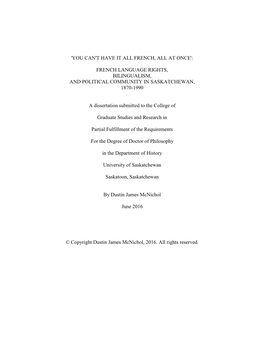 French Language Rights, Bilingualism, and Political Community in Saskatchewan, 1870-1990