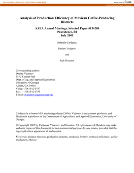 Analysis of Production Efficiency of Mexican Coffee-Producing Districts