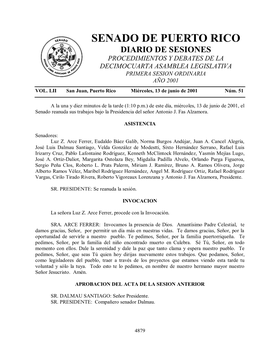 Senado De Puerto Rico Diario De Sesiones Procedimientos Y Debates De La Decimocuarta Asamblea Legislativa Primera Sesion Ordinaria Año 2001 Vol