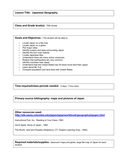 Lesson Title: Japanese Geography Class and Grade Level(S): Fifth