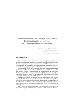 La Disolución Del Vínculo Conyugal Y Otras Formas De Separación Entre Los Cónyuges En La Historia Del Derecho Castellano