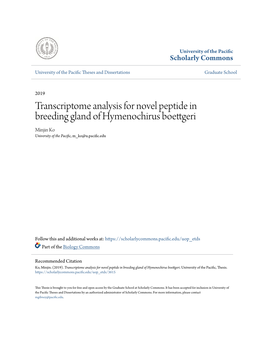 Transcriptome Analysis for Novel Peptide in Breeding Gland of Hymenochirus Boettgeri Minjin Ko University of the Pacific, M Ko@U.Pacific.Edu