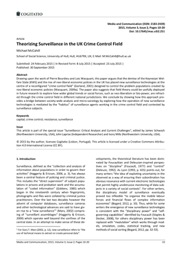 Theorizing Surveillance in the UK Crime Control Field Michael Mccahill School of Social Science, University of Hull, Hull, HU67RX, UK; E-Mail: M.Mccahill@Hull.Ac.Uk