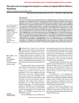 Phycodiversity in Tenughat Thermal Power Station at Lalpania District Bokaro, Jharkhand ARPANA SHARMA and RADHA SAHU Asian Journal of Environmental Science, Vol