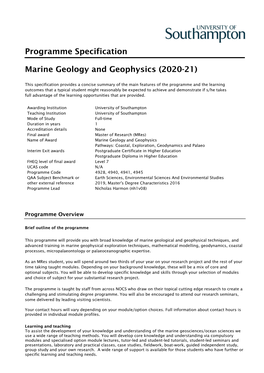 Programme Specification Marine Geology and Geophysics (2020-21)