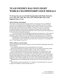 Team Sweden Has Won Eight World Championship Gold Medals