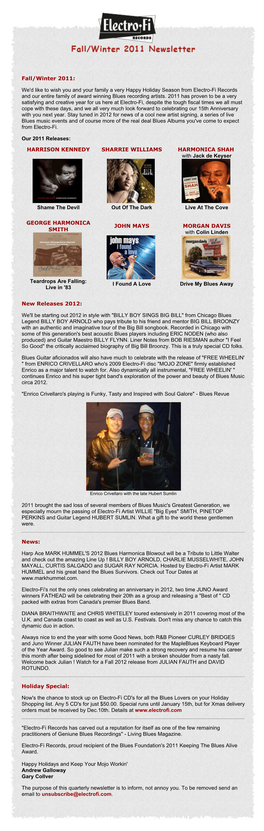 Fall/Winter 2011 Electro-Fi Newsletter