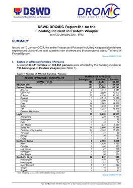 DSWD DROMIC Report #11 on the Flooding Incident in Eastern Visayas As of 29 January 2021, 6PM