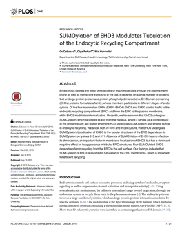 Sumoylation of EHD3 Modulates Tubulation of the Endocytic Recycling Compartment