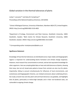 Global Variation in the Thermal Tolerances of Plants