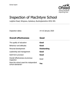 Inspection of Macintyre School Leighton Road, Wingrave, Aylesbury, Buckinghamshire HP22 4PA