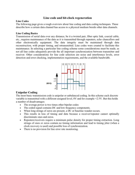 Line Code and Bit-Clock Regeneration Line Codes the Following Page Gives a Rough Overview About Line Coding and Data Coding Techniques