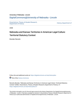 Nebraska and Kansas Territories in American Legal Culture: Territorial Statutory Context