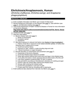 Ehrlichiosis/Anaplasmosis, Human (Ehrlichia Chaffeensis, Ehrlichia Ewingii, and Anaplasma Phagocytophilum)
