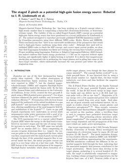 Arxiv:1911.09223V1 [Physics.Plasm-Ph] 21 Nov 2019 Our Recent Experiments at the 1 MA Nevada Terawatt Used20 for an Annular Shell (I.E