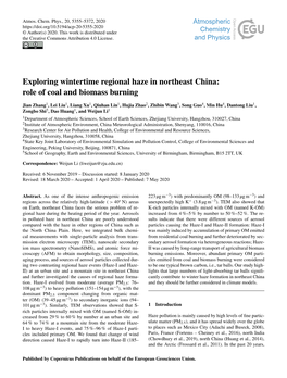 Exploring Wintertime Regional Haze in Northeast China: Role of Coal and Biomass Burning