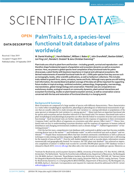 Palmtraits 1.0, a Species-Level Functional Trait Database of Palms Worldwide