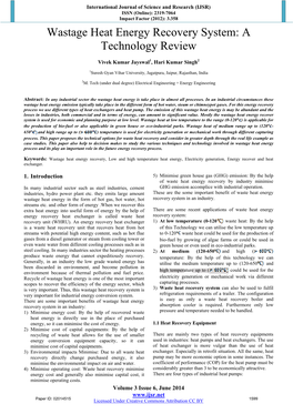 Wastage Heat Energy Recovery System: a Technology Review