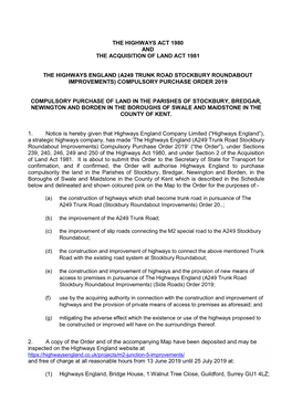 The Highways England (A249 Trunk Road Stockbury Roundabout Improvements) Compulsory Purchase Order 2019