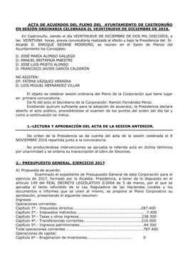 Acta De Acuerdos Del Pleno Del Ayuntamiento De Castronuño En Sesión Ordinaria Celebrada El Veintinueve De Diciembre De 2016