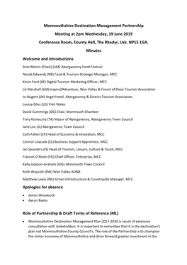 Monmouthshire Destination Management Partnership Meeting at 2Pm Wednesday, 19 June 2019 Conference Room, County Hall, the Rhadyr, Usk
