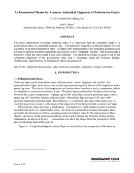 Polarized Light, It Is Important That the Azimuthal Angle of a Polarization Optic (I.E