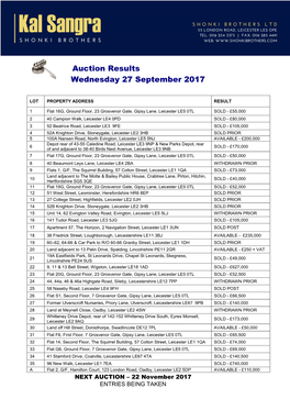 Auction Results Wednesday 27 September 2017