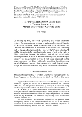 THE NINETEENTH-CENTURY BEGINNINGS of 'WISDOM LITERATURE', and ITS TWENTY-FIRST-CENTURY END? Will Kynes on Reading My Title