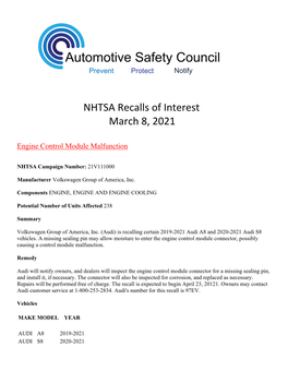 NHTSA Recalls of Interest March 8, 2021