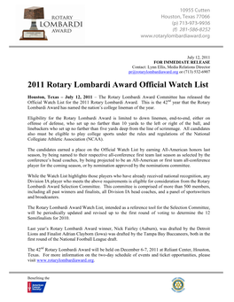 2011 Rotary Lombardi Award Official Watch List