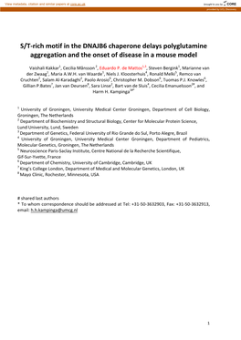 S/T-Rich Motif in the DNAJB6 Chaperone Delays Polyglutamine Aggregation and the Onset of Disease in a Mouse Model