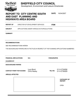 Report to City Centre South and East Planning and Highways Area Board