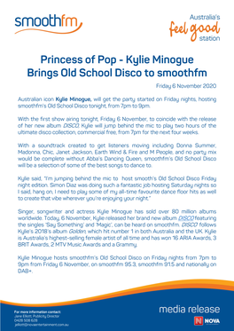 Princess of Pop - Kylie Minogue Brings Old School Disco to Smoothfm Friday 6 November 2020