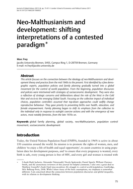 Neo-Malthusianism and Development: Shifting Interpretations of a Contested Paradigm*